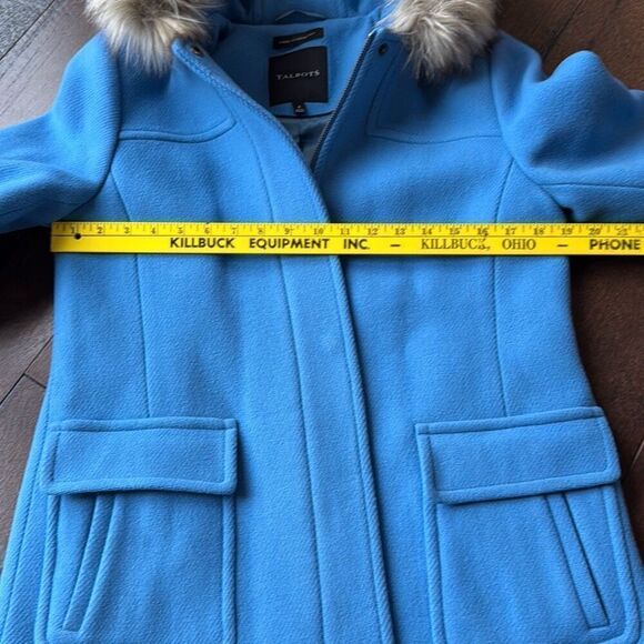 Talbots Albury wool blend faux fur hooded pea coat jacket womens size 4 blue - Picture 10 of 10